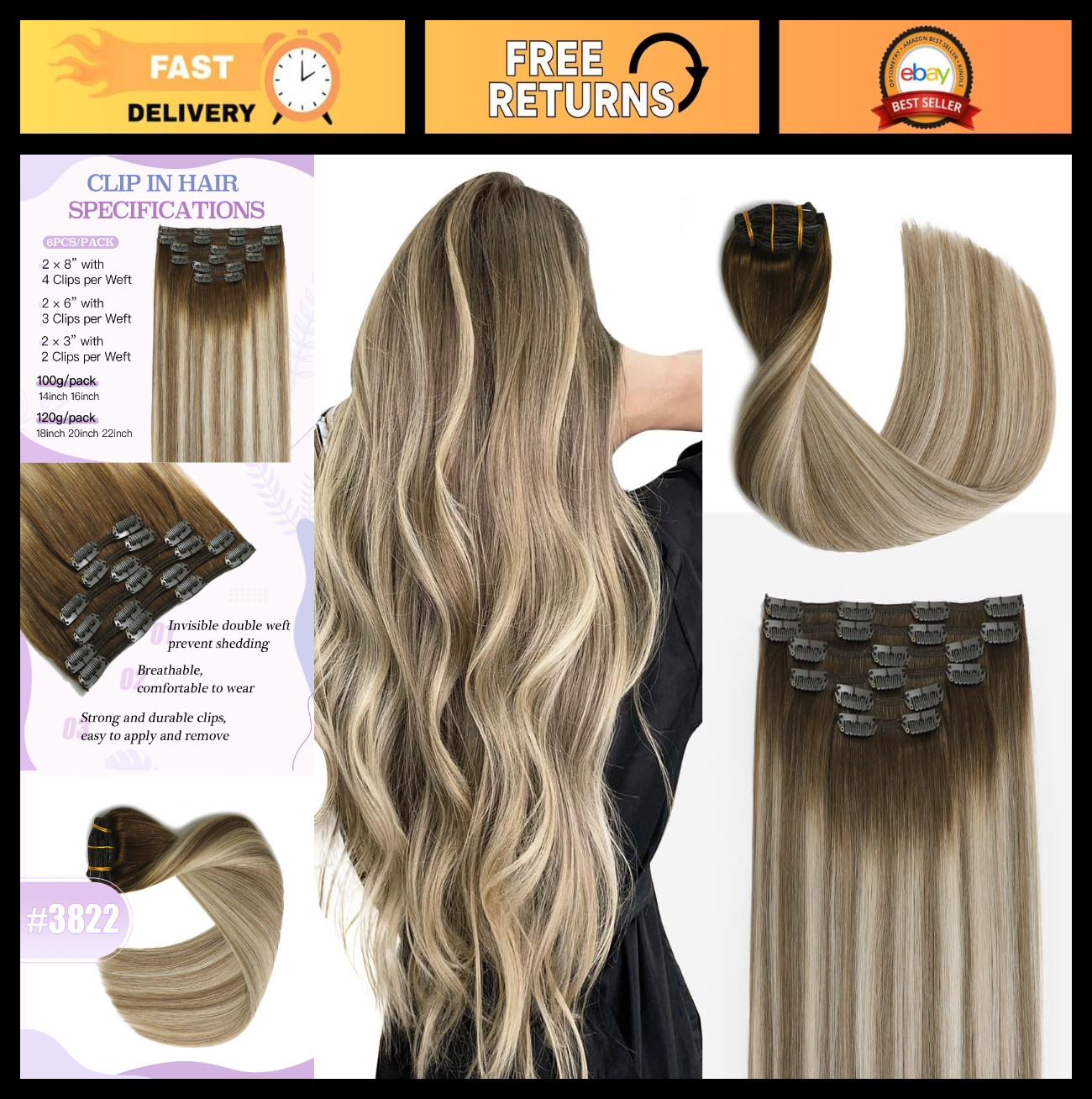 20″ Balayage Clip-In Human Hair Extensions, Dark Brown to Ash Blonde, 120g, 6pcs