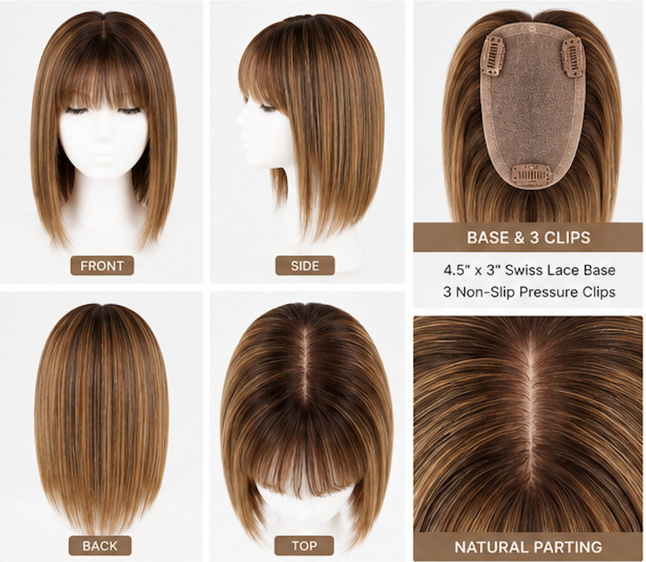EMMOR Human Hair Topper 10” Ombre Brown Blonde Highlight Swiss Lace 3 Clips