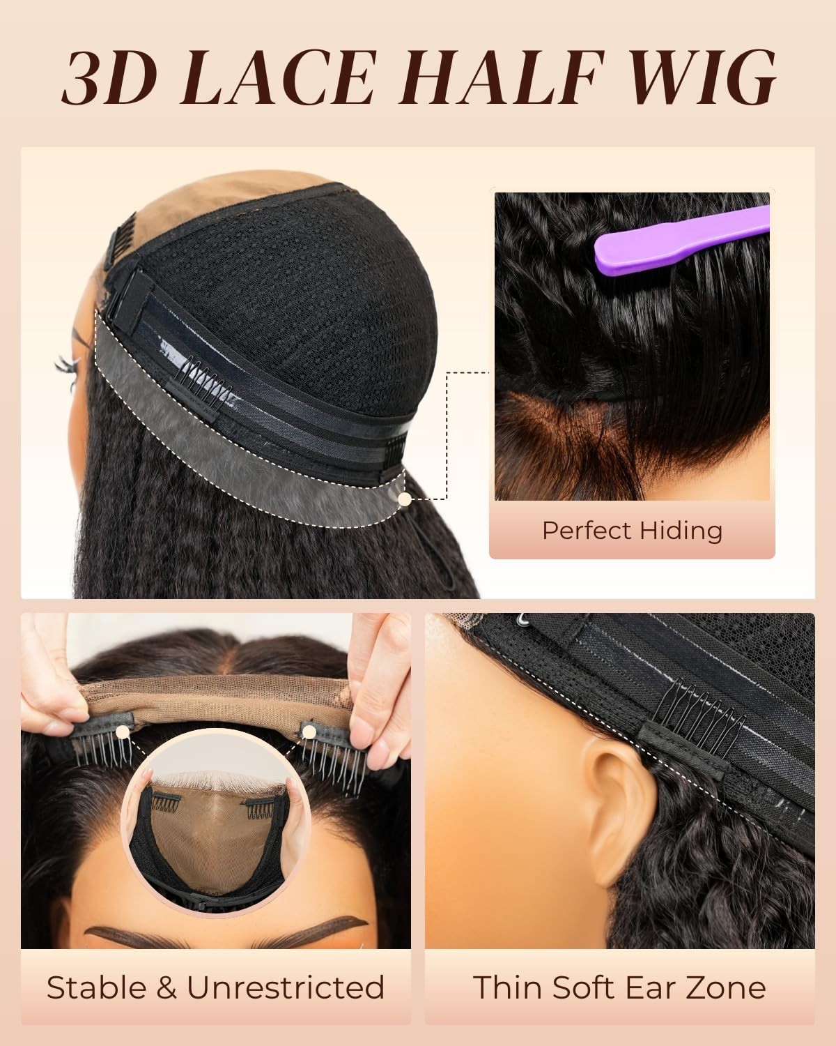 3-in-1 Half Wig Kinky Straight Glueless HD Lace Human Hair 24″ Yaki 210% Density
