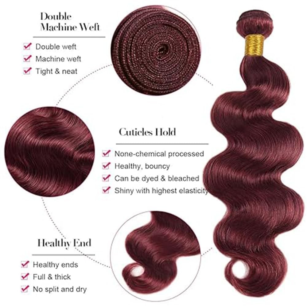 BilltiiWW Color 99j Body Wave Bundles Burgundy Body Wave Bundles 8a Grade Double