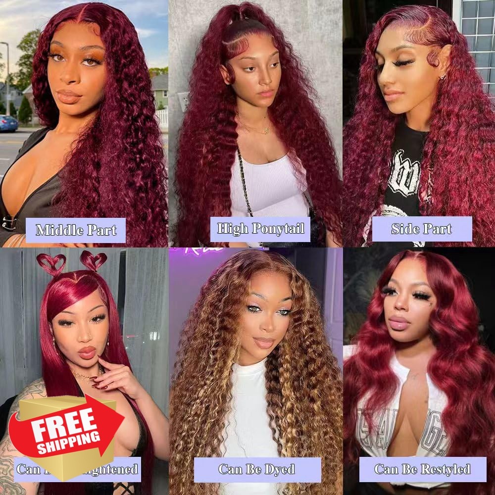 WAAHRR 18″ 99j Burgundy Deep Wave Lace Front Wig