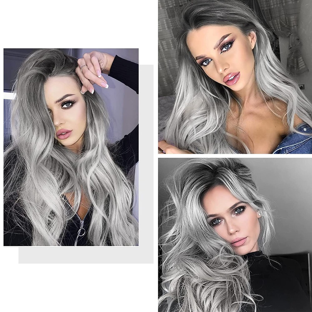 Silver Gray Wig for Women Ombre Natural Cosplay Party Wavy Full Heat Resistant