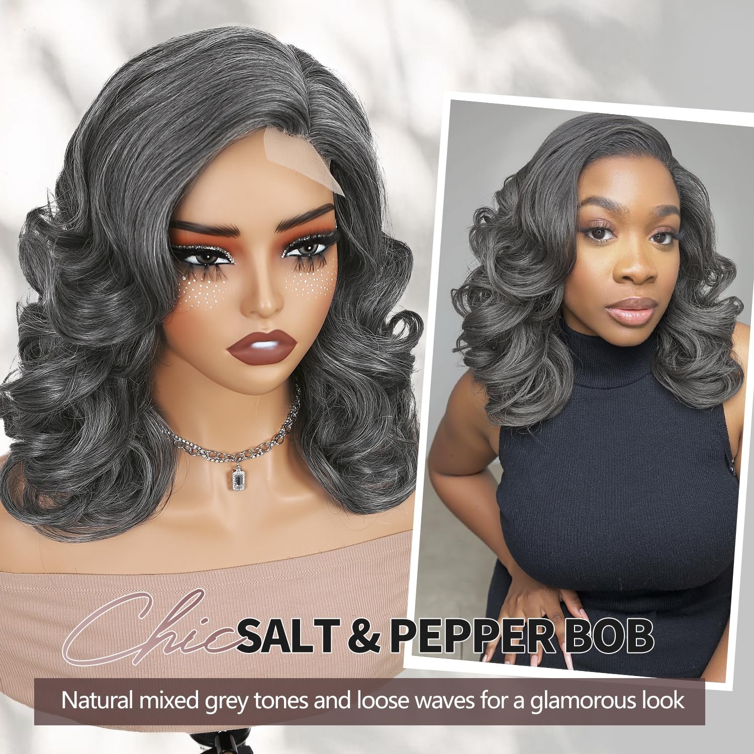 Quickwig Short Loose Wave Bob Wig Side Part Body Wave Wigs Salt Pepper Curly