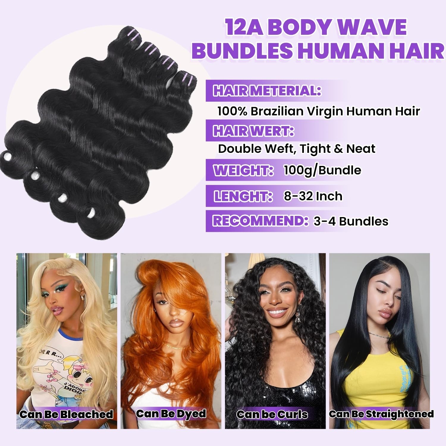 12A Body Wave Human Hair Extensions 20-26 Inch, 4 Bundles, Natural Black, Silky
