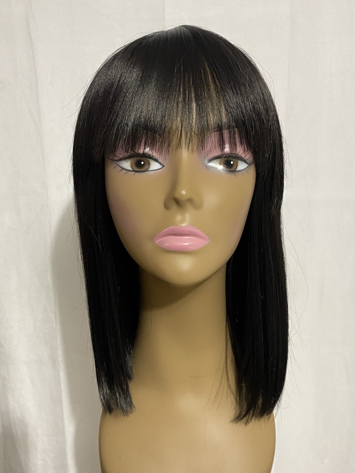 12 Inch Short Straight Yaki Bob Wig With Bangs Synthetic Non-Lace Black New