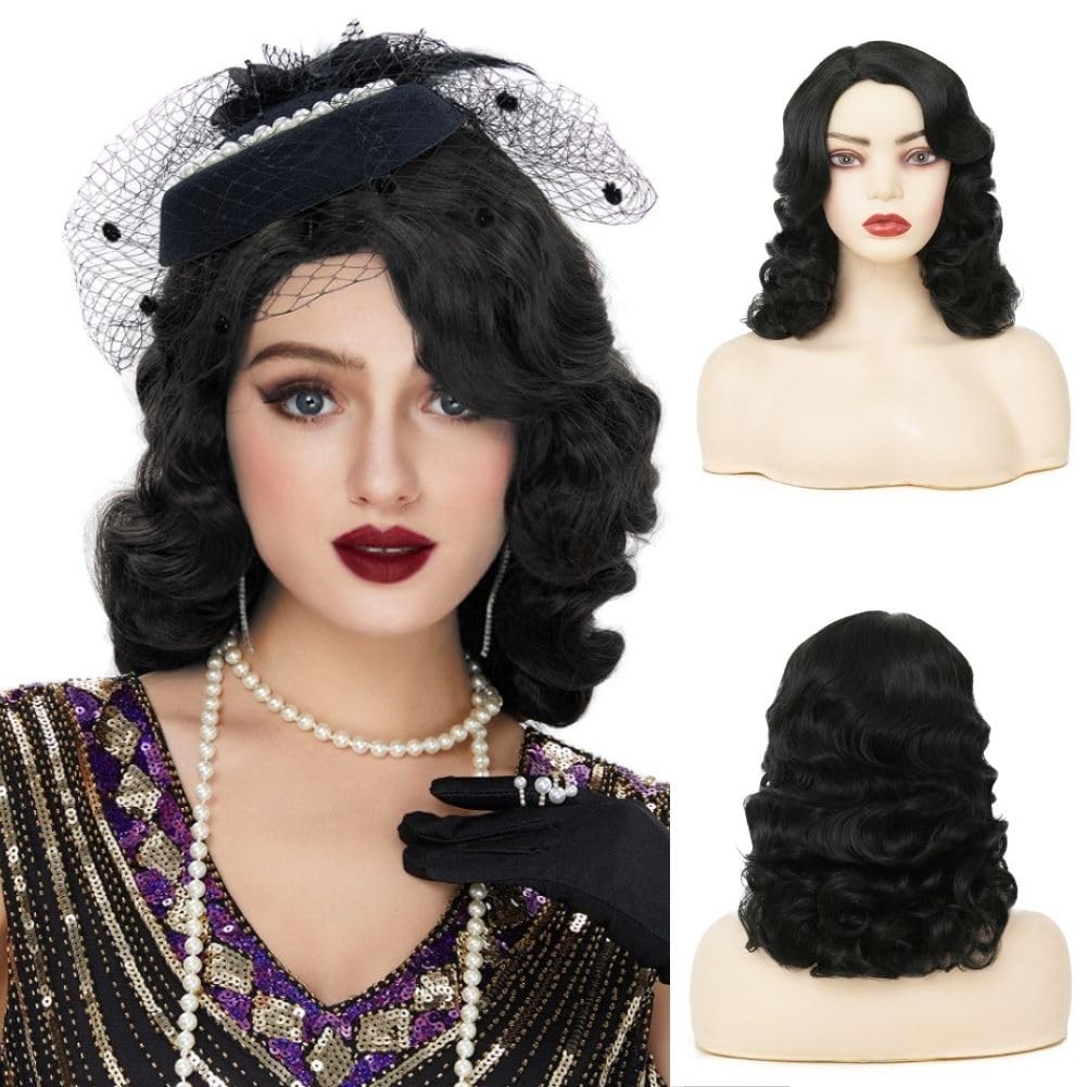 Black Curly Finger Wave 1920s Long Wig for Women – Vintage Synthetic Cosplay Wig