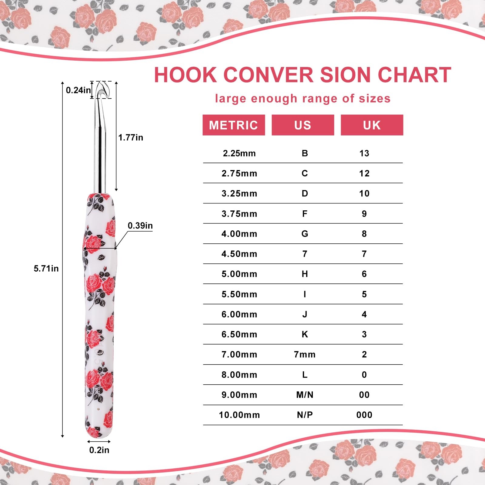 Looen Crochet Hooks Set, 14 Sizes 2.25mm(B)-10mm(N) 2.25mm to 10.0mm, Pink