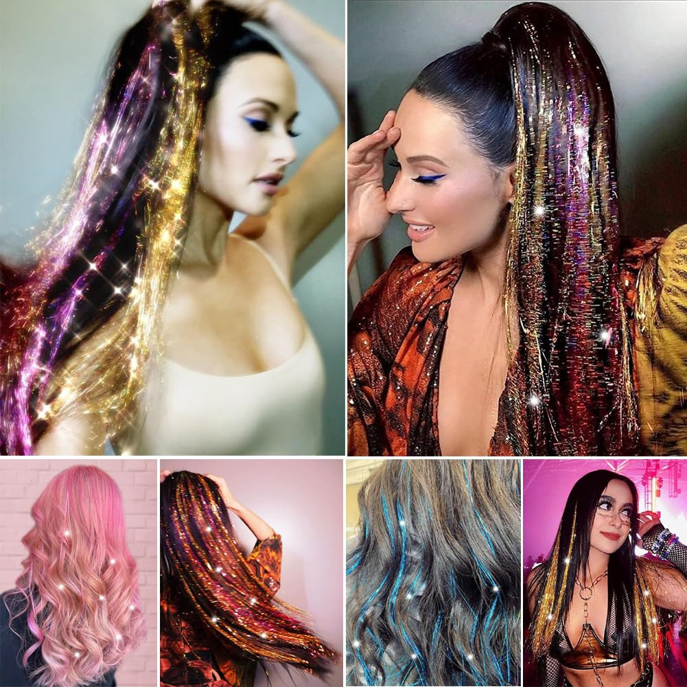 Hair Tinsel, (48 Inch 5Pcs 1200 Strands) Colorful Glitter Tinsel Hair Extensions