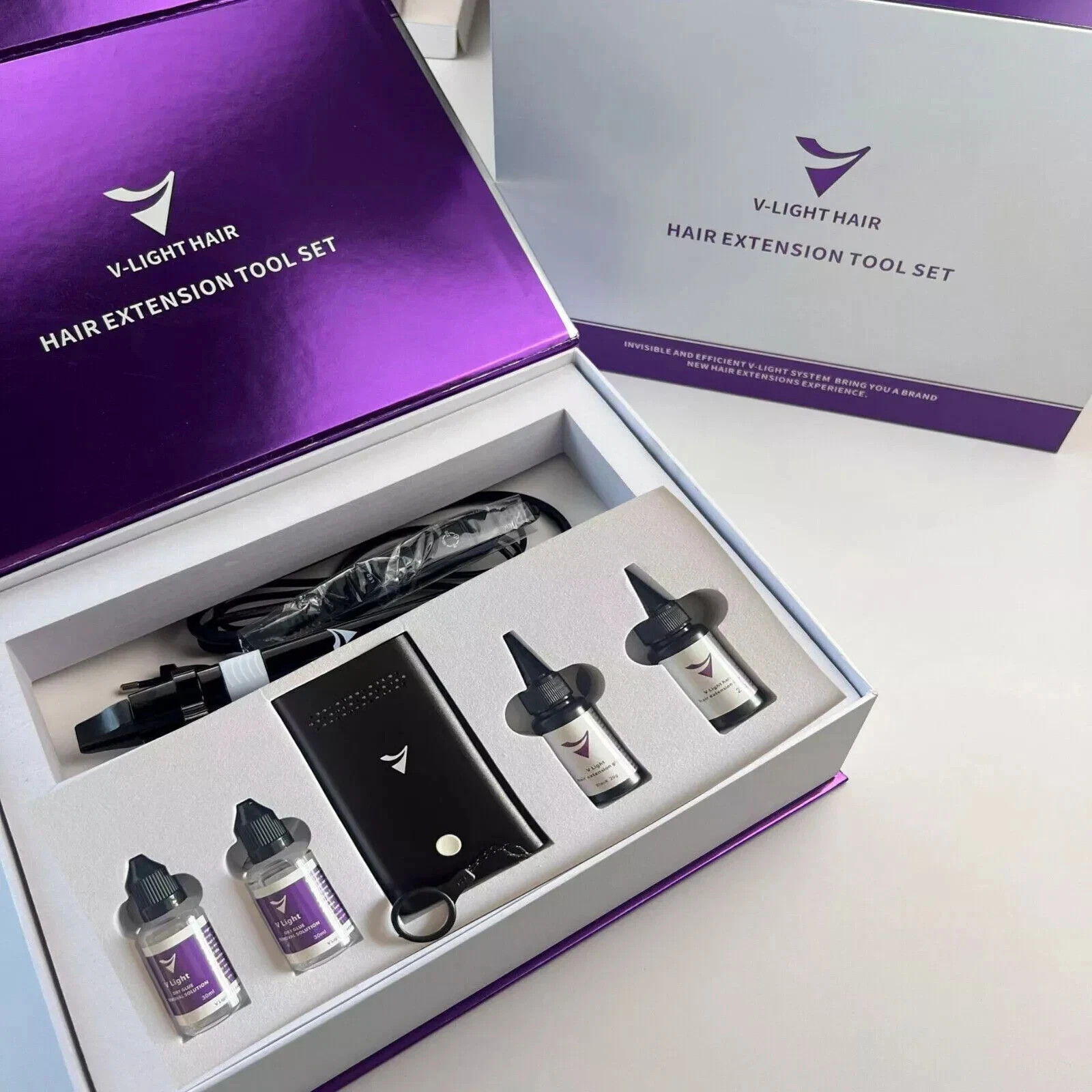 V Light Hair Extension Machine Box Sets (15-Piece) – 4 Glue & 4 Removal Solution