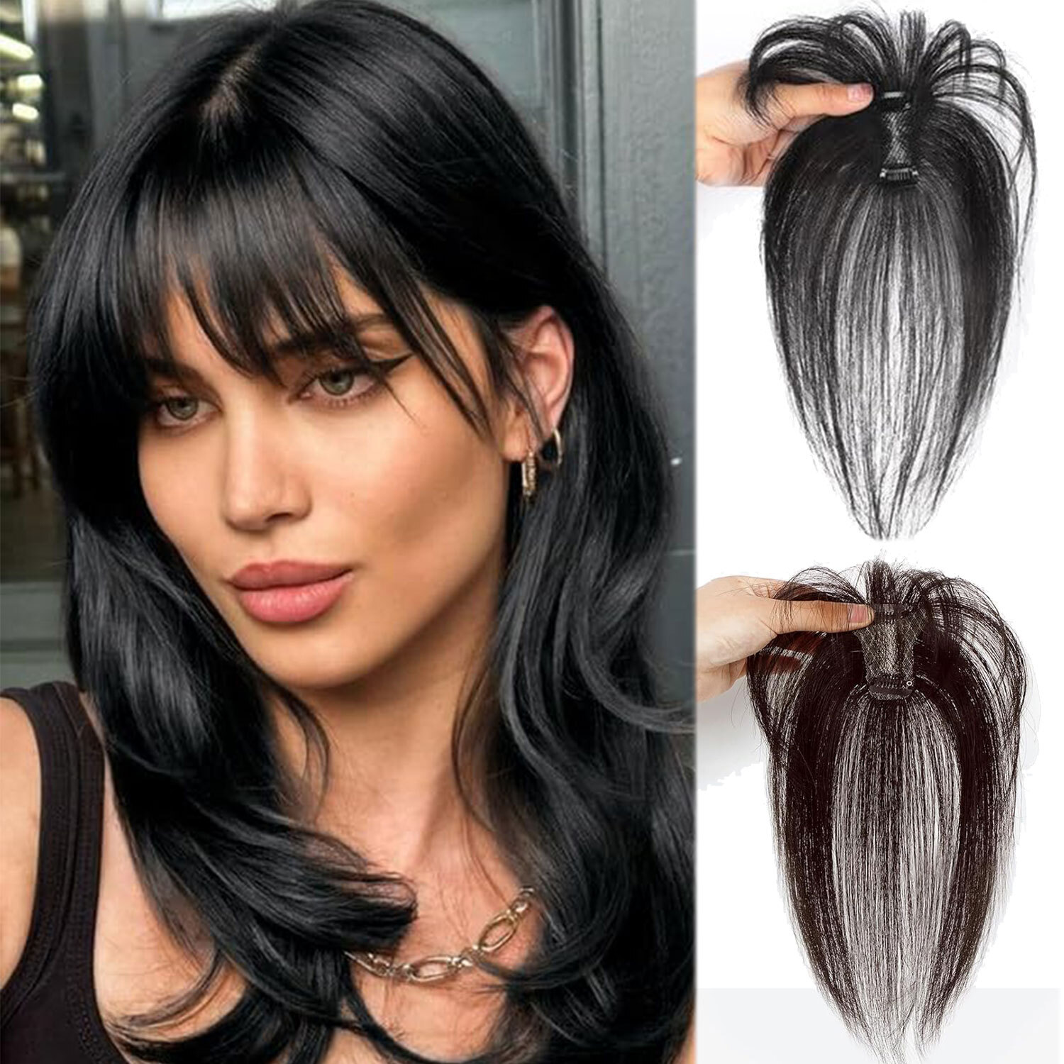 Clip in Bangs Topper 100% Remy Human Hair 360° 3D Wispy Fake Bangs Black Brown X