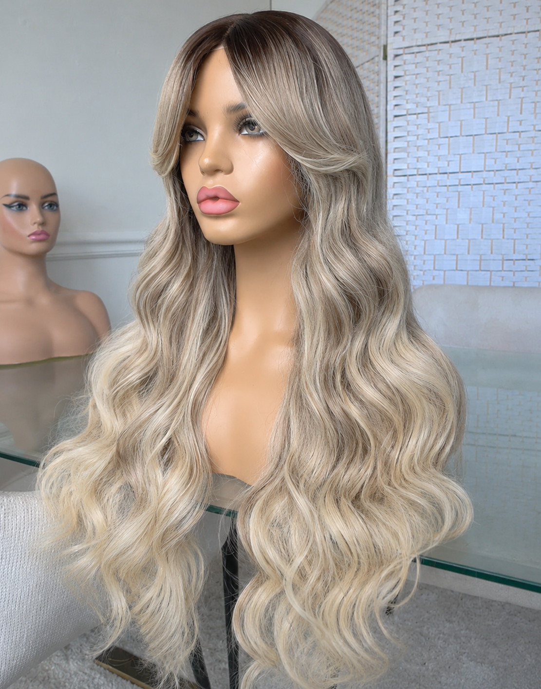 28″ Long Body Wave Wig with | Heat Resistant Synthetic Hair | Brown/Ashblonde