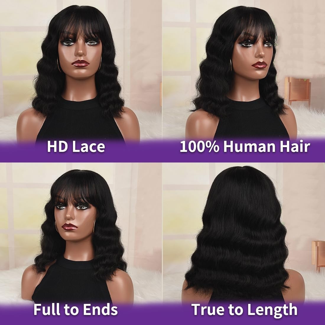 Body Wave None Lace Front Wigs Human Hair with Bangs Glueless Machine Made Wigs