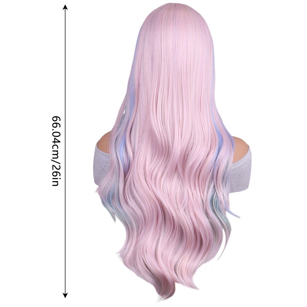 26in Women’s Elegant Gradient Pink Wig,Rose Net with Bangs,Long Wavy Curly Hair