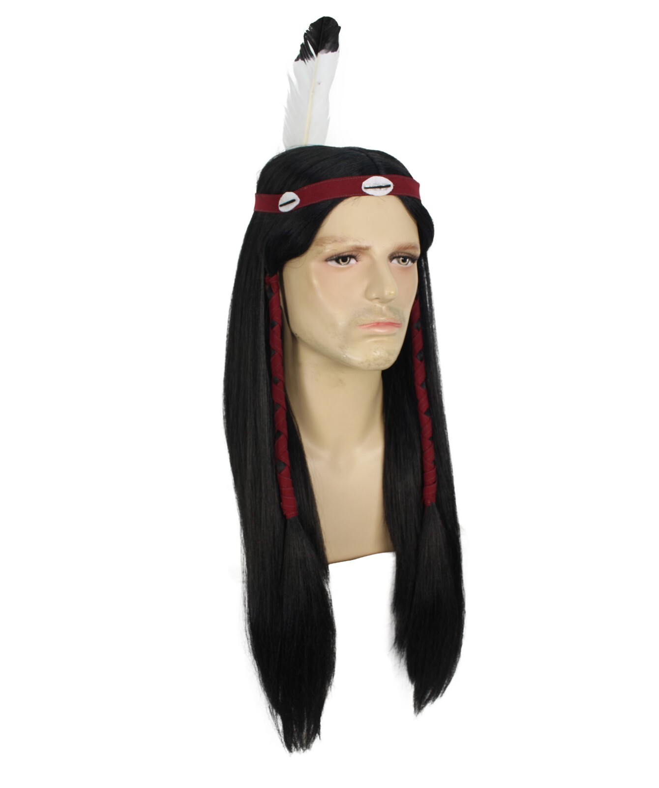 Adult Men’s Long Length Native American Wig, Black Color, Breathable Capless Cap