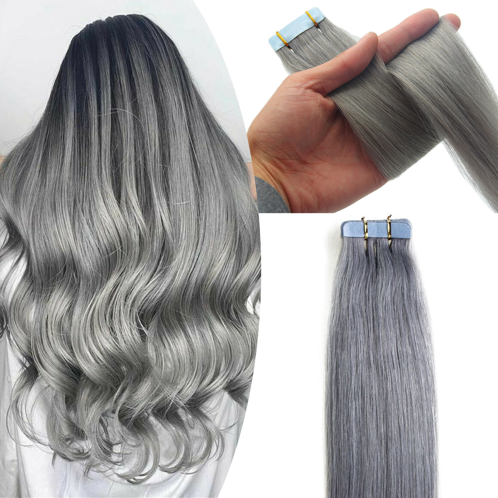 Invisible Seamless Tape in Skin Weft 100% Remy Human Hair Extensions Silver Gray