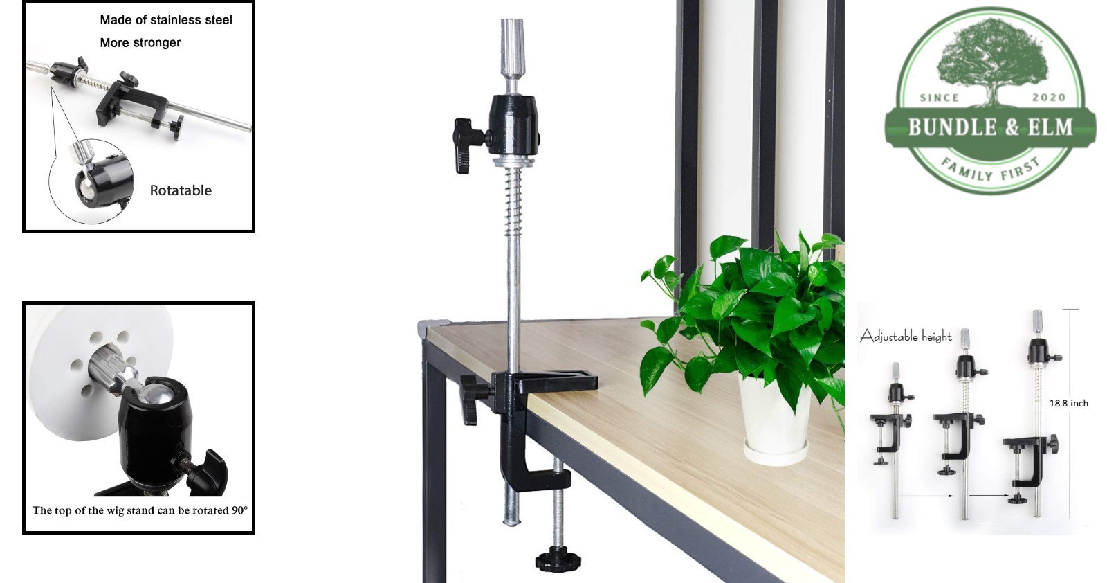Versatile Wig Stand Holder with Adjustable Height and Metal C-Clamp Design
