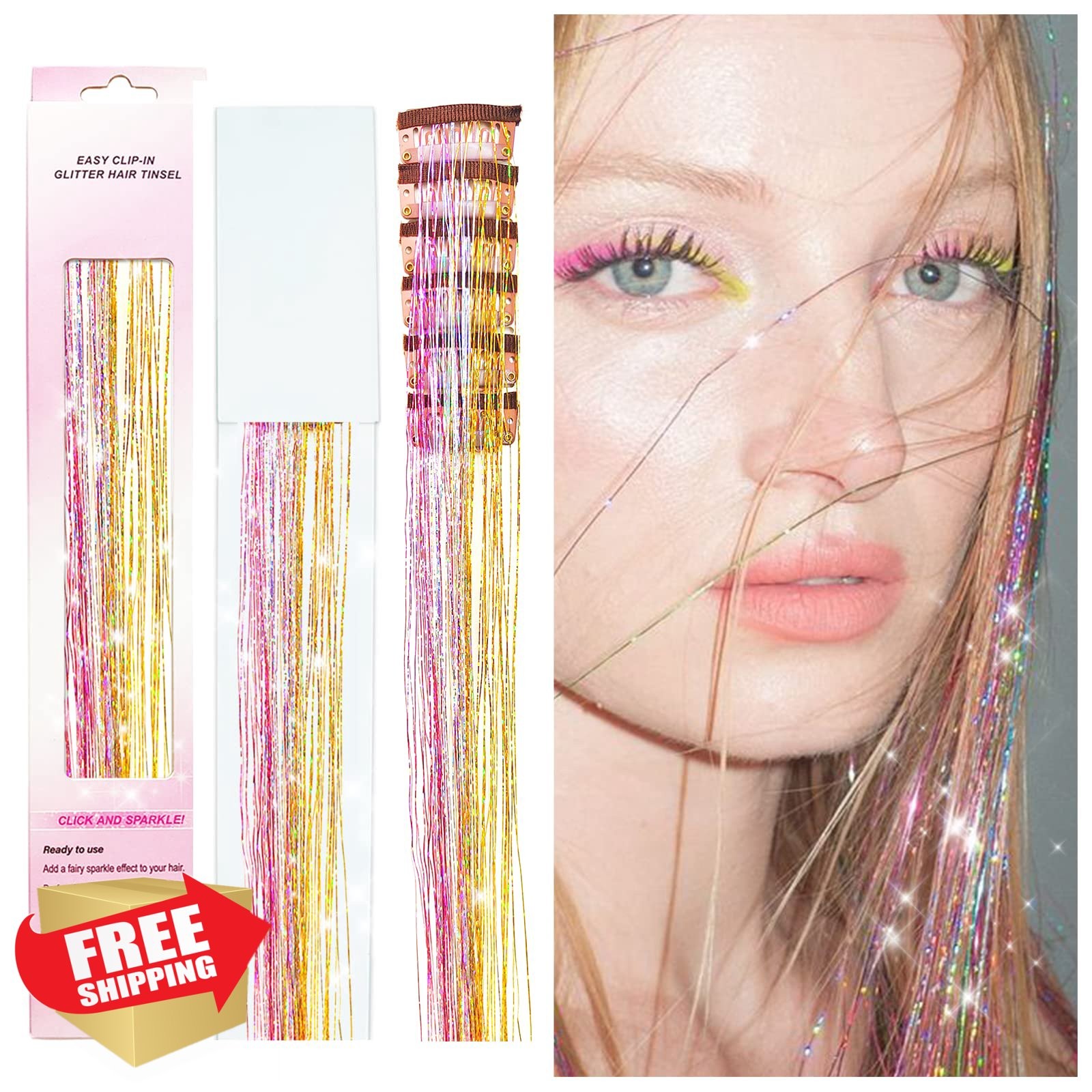 POROLIR 6Pcs Glitter Tinsel Hair Extensions Gold Pink 20 Inch
