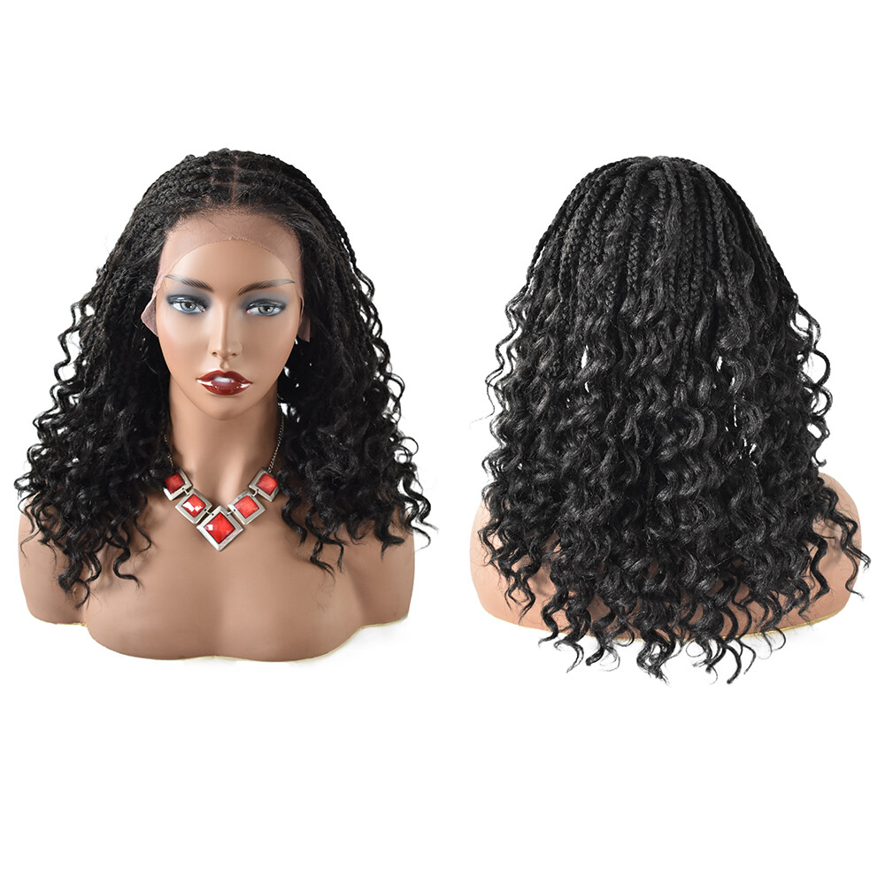 Curly Ends Box Braided Lace Front Wigs for Women Baby Hair Kanekalon Synthetic