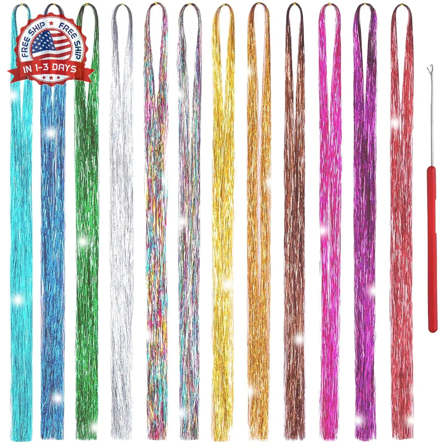Hair Tinsel Kit 12 Colors, 2500 Strands 48 Inches Sparkling Tinsel Hair Extensio
