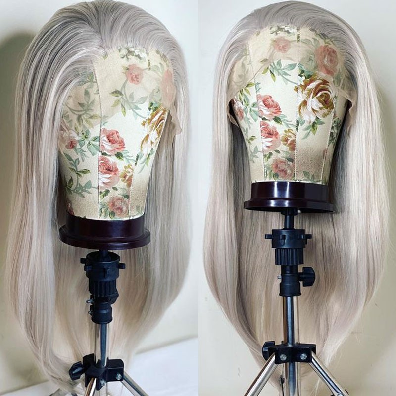Heat Resistant Synthetic Hair Long Straight Lace Frontal Wig Silver Gray