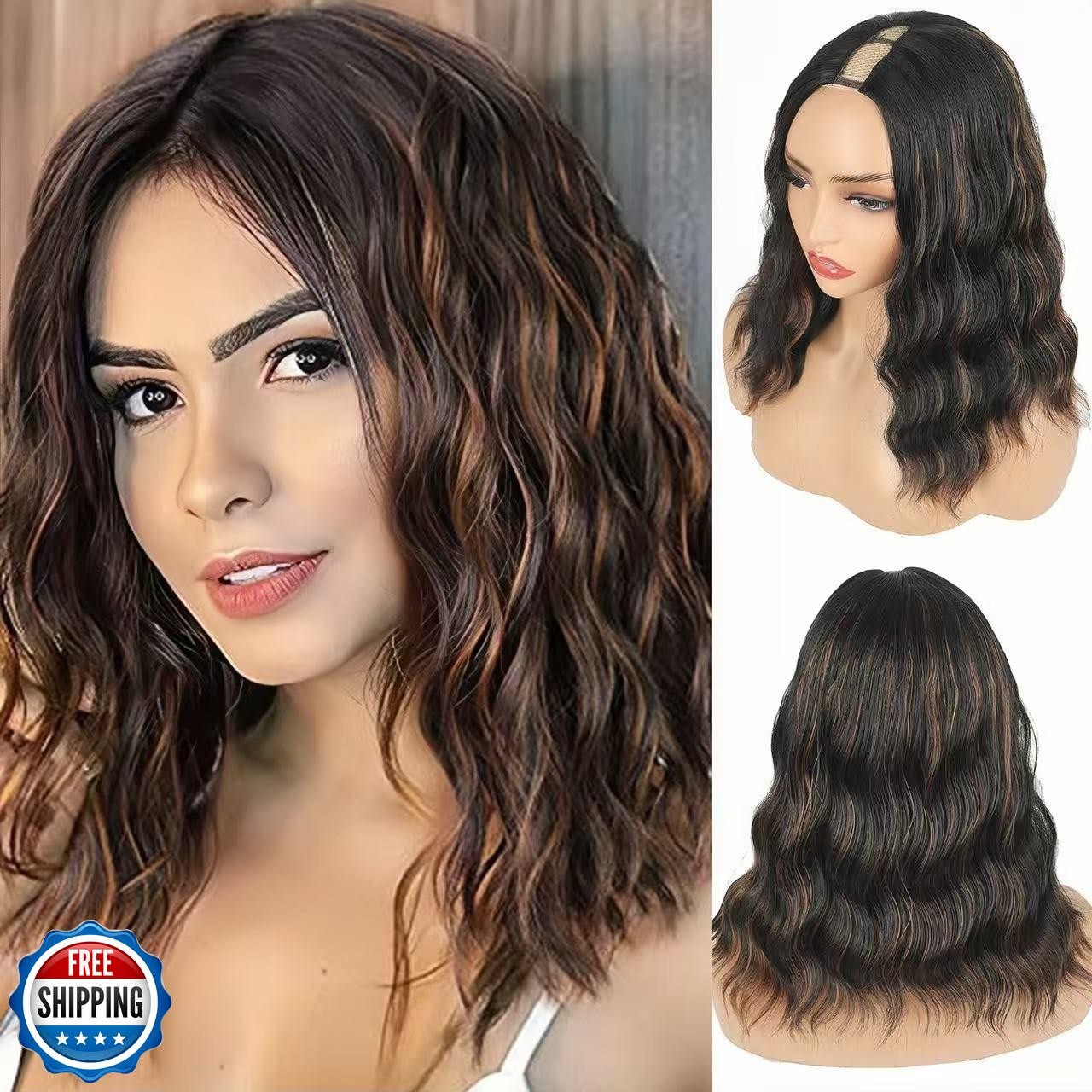 KRSI Highlight Brown Bob V Part Wigs Short Half Bob Wig for Black Women 16inc
