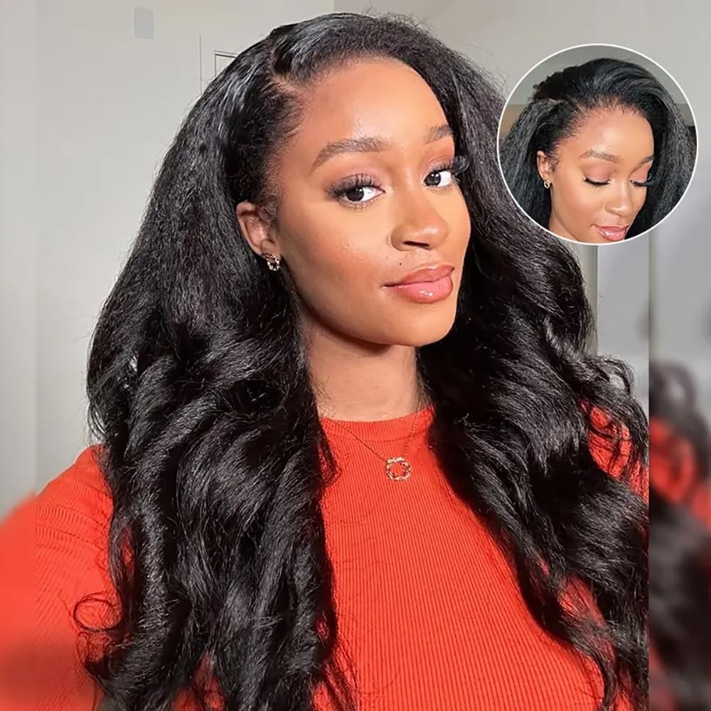 Kinky Straight 3-in-1 Half Wig Human Hair 180% Density Glueless Clip-In 24