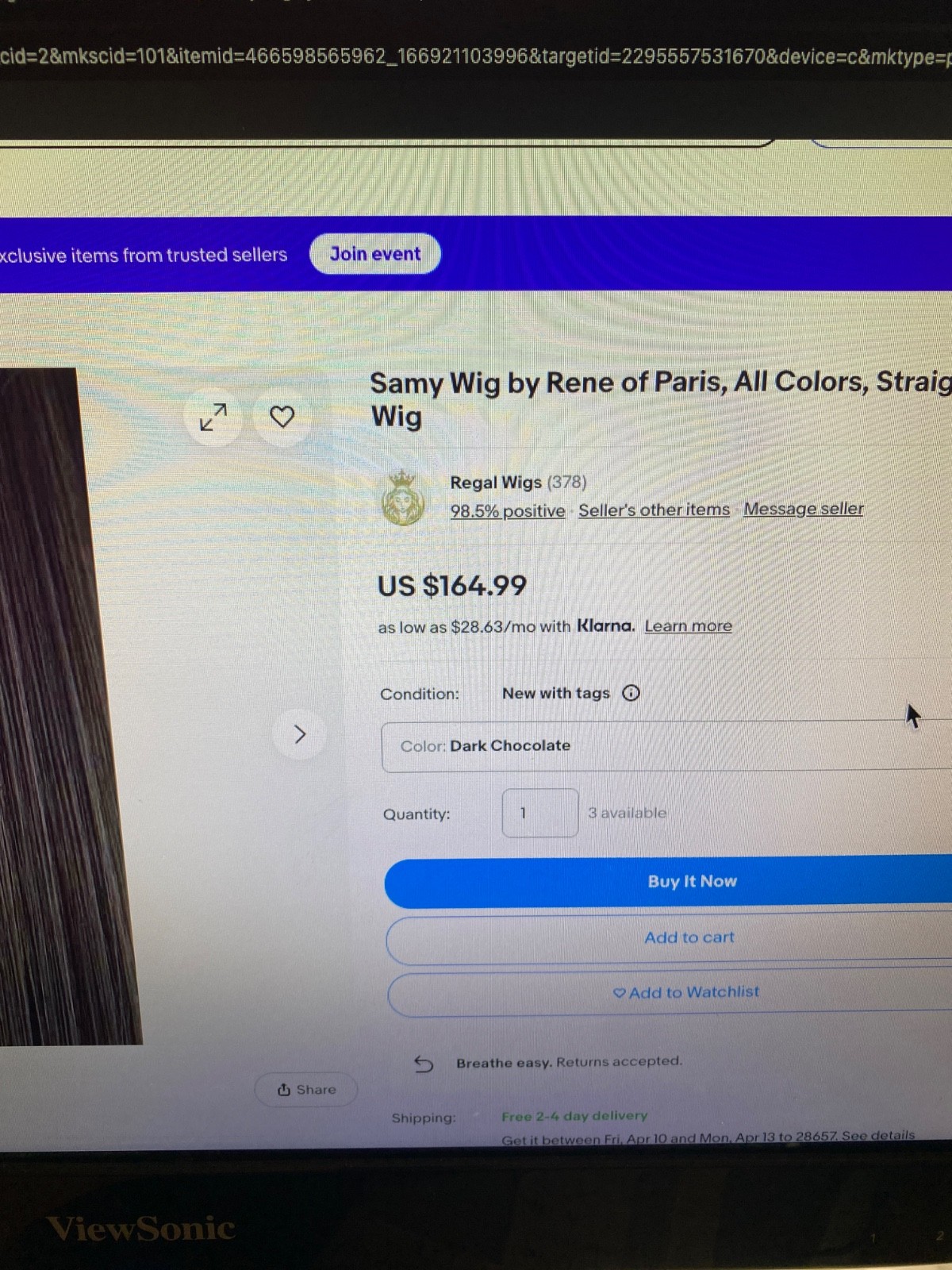 Rene of Paris: Wig – Ash Blond. Comes with stand brush and wig shampoo. (Boxed)