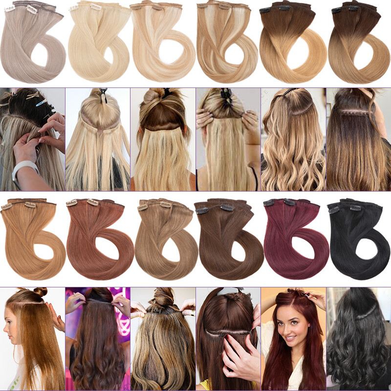 8PCS 18Clips 100% Human Hair Extensions Clip In 8pcs/Set Full Head Highlight