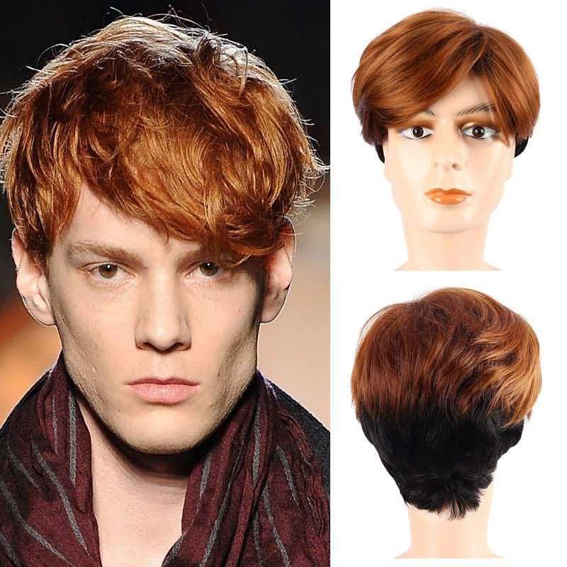 Men’s Black to Brown Ombre Short Wig Heat Resistant Synthetic Full Cap Cosplay