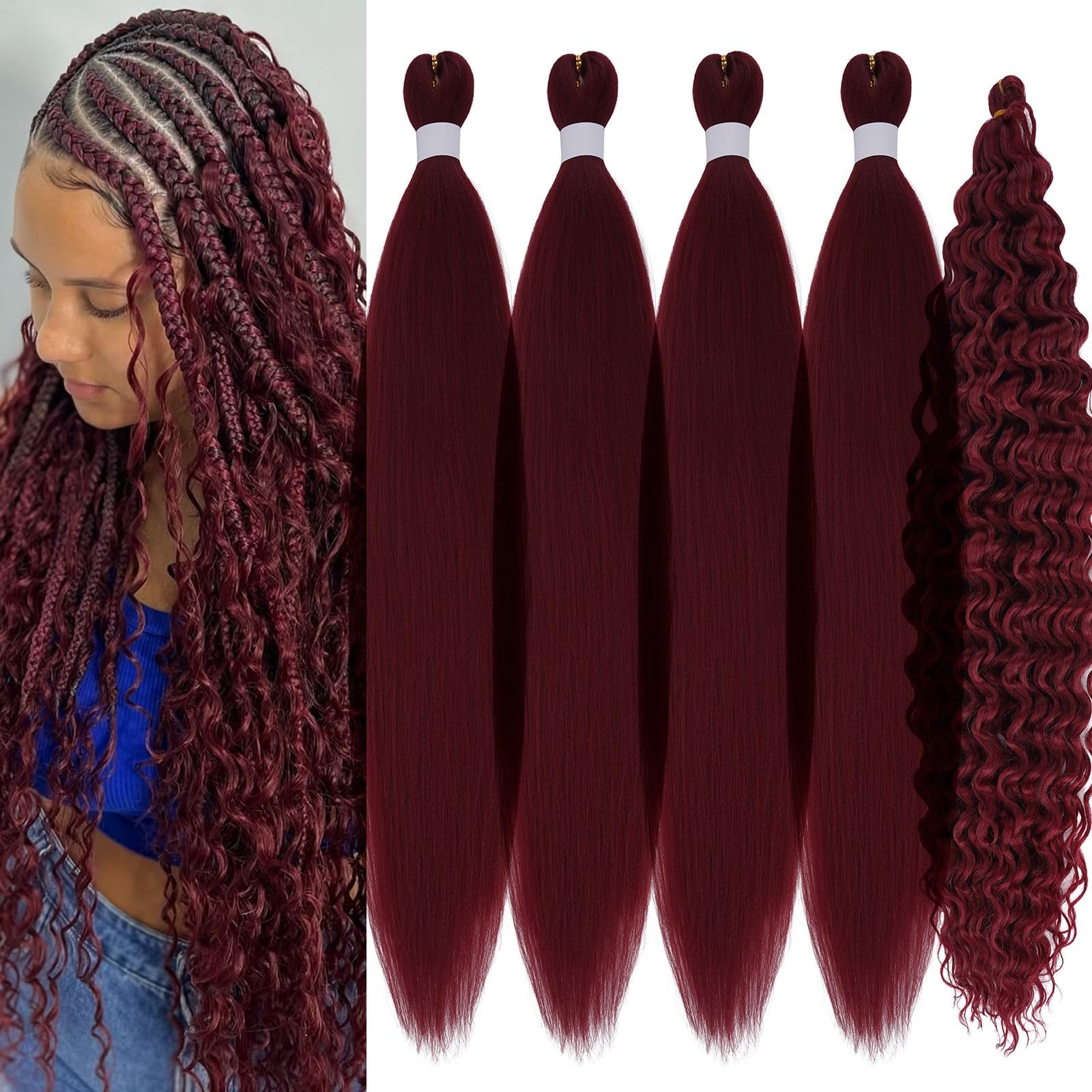 Burgundy Braiding Hair Pre Stretched with Micro Bohemian Ocean Wave Wavy Brai…