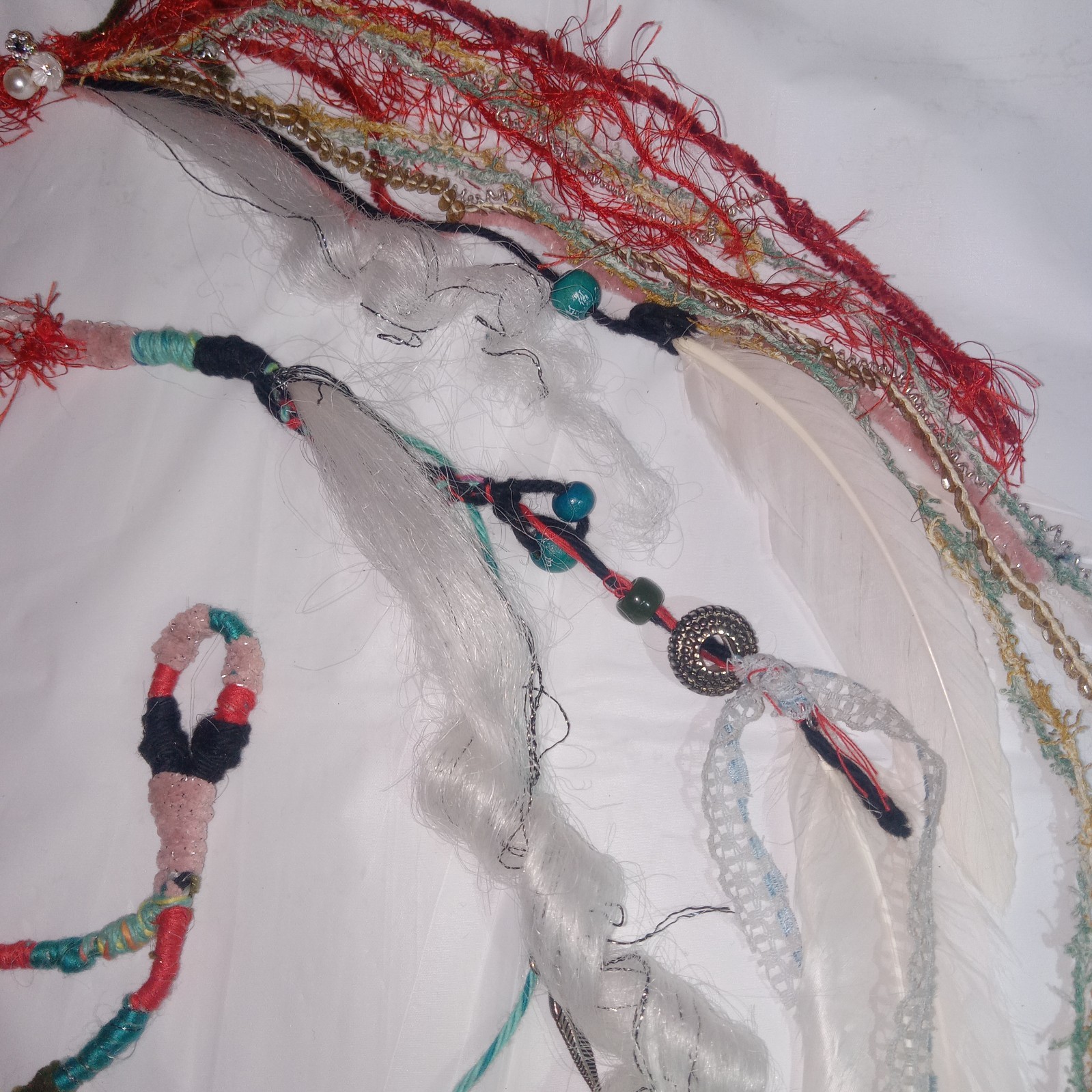 62″ double-ended Dread white loc Hair Wraps Beads Boho feather extension Ombre