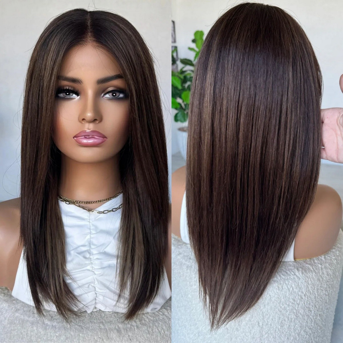 Layer Natural Straight Highlights Dark Brown 13×4 Lace Front Human Hair Wigs