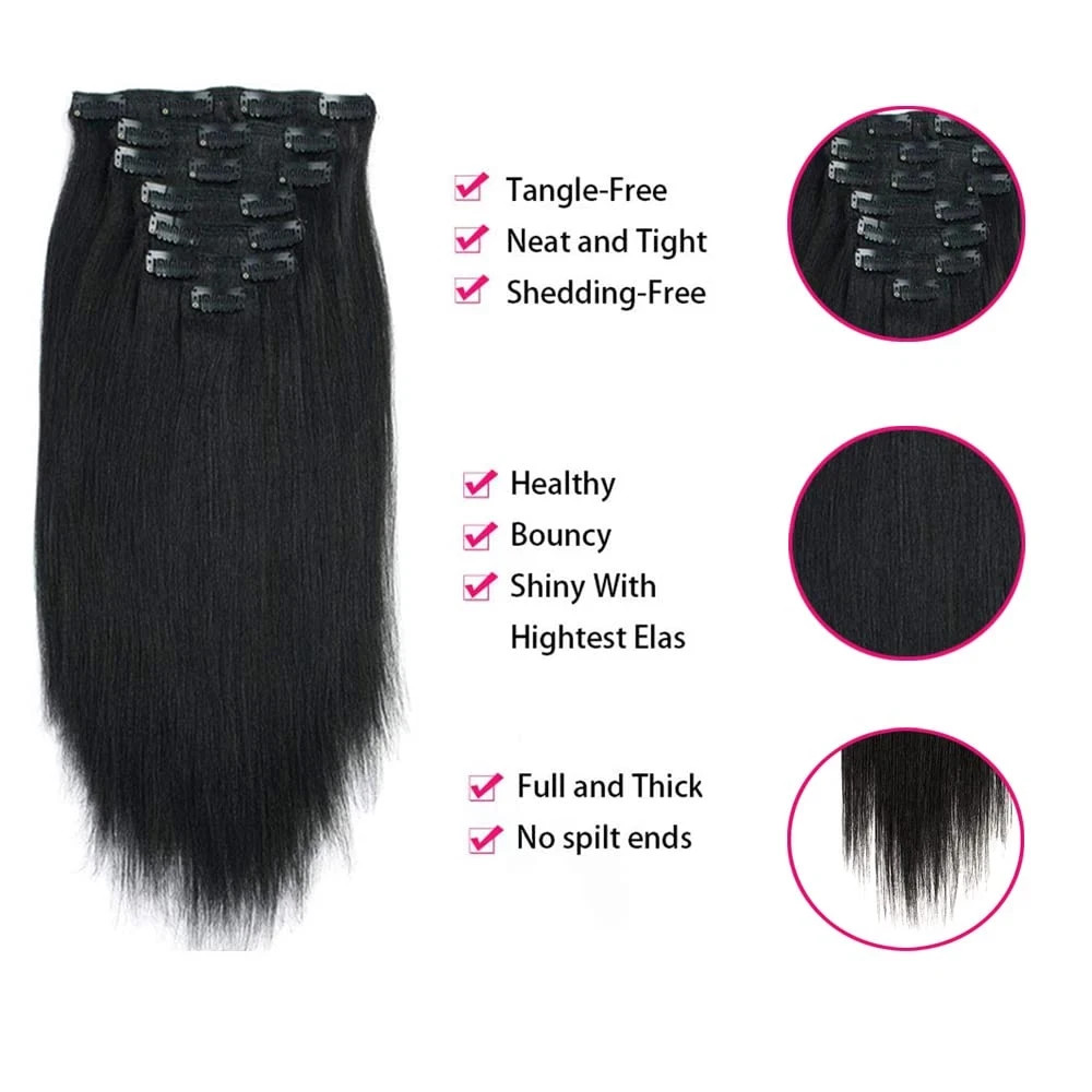 Clip in Hair Extensions Black Women, Yaki Straight Clip Ins Black Hair Extension