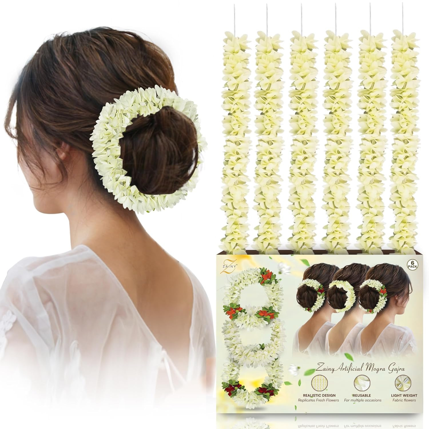 ZAINY 6 Pack Mogra Gajra for Hair Indian Bun, Artificial Fabric Jasmine Flowers