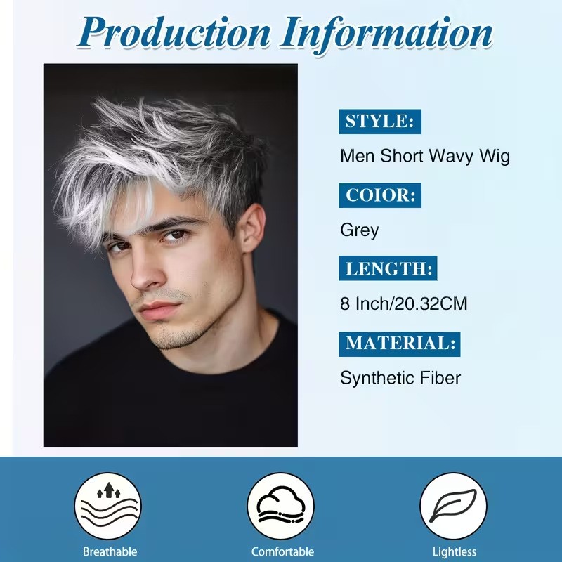 Gray Side Part Short Straight Synthetic Full Wig for Men Daily Casual Wear Heat