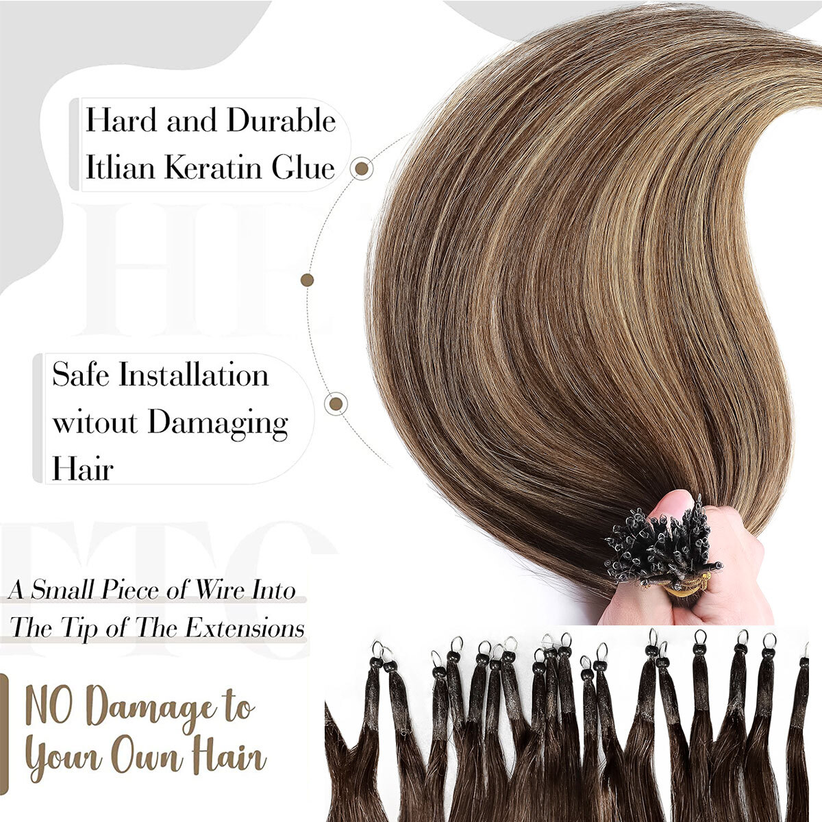 300PCS Thick Remy Human Hair Extensions Nano Ring Micro Loop Beads Highlight USA