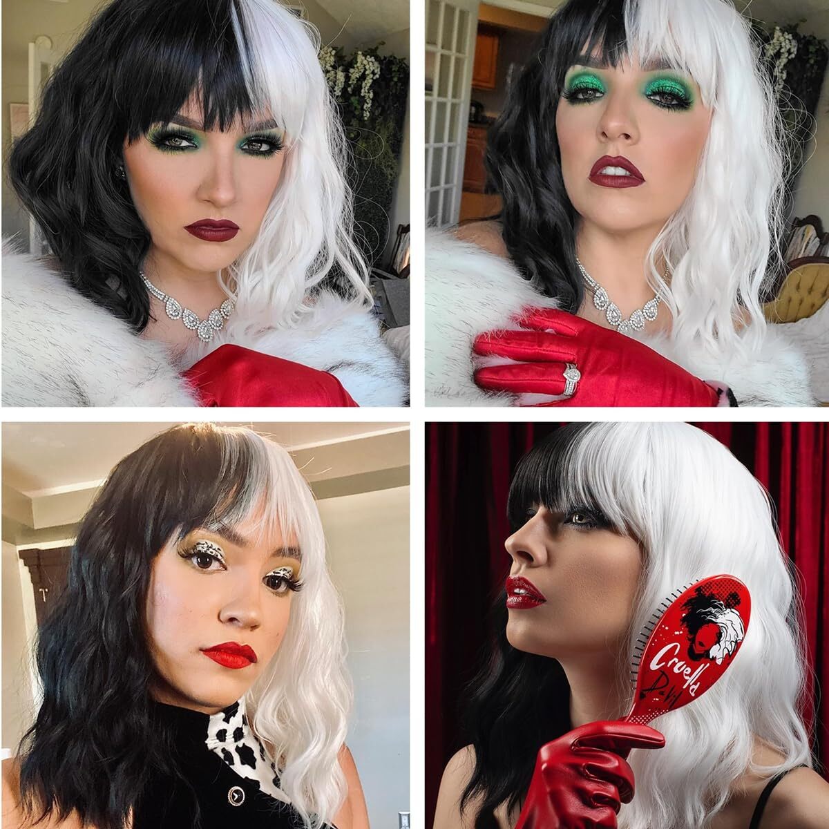 Cruella Deville Black and White Hair Wig w/bangs Costume w/Mask Gloves C-Rod