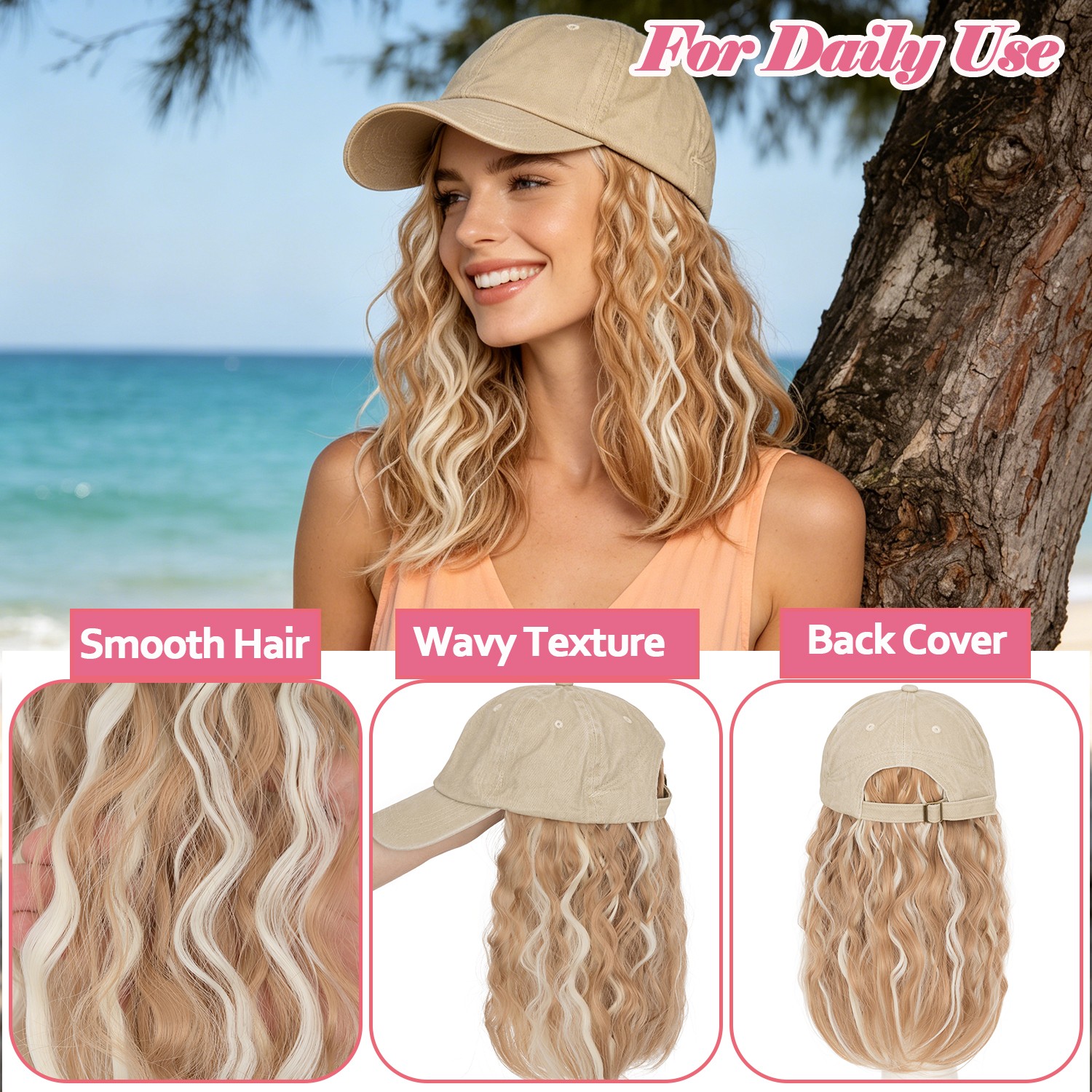 Instant Style 8″ Curly Wavy Cap Wig Adjustable Baseball Hat with Attached Hair M