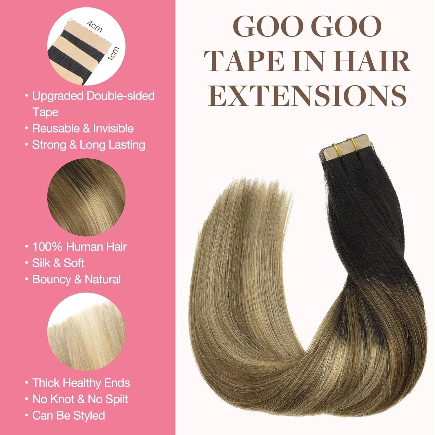 Human Hair Tape In Extensions 20in Balayage Brown to Blonde Thick Ends Full L…