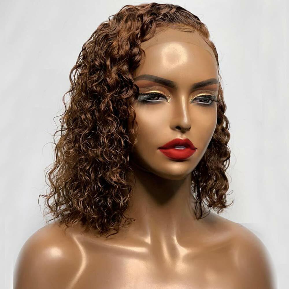 13×4 Water Wave Lace Front Human Hair Wigs Deep Curly Short Bob Wig Brown 130%