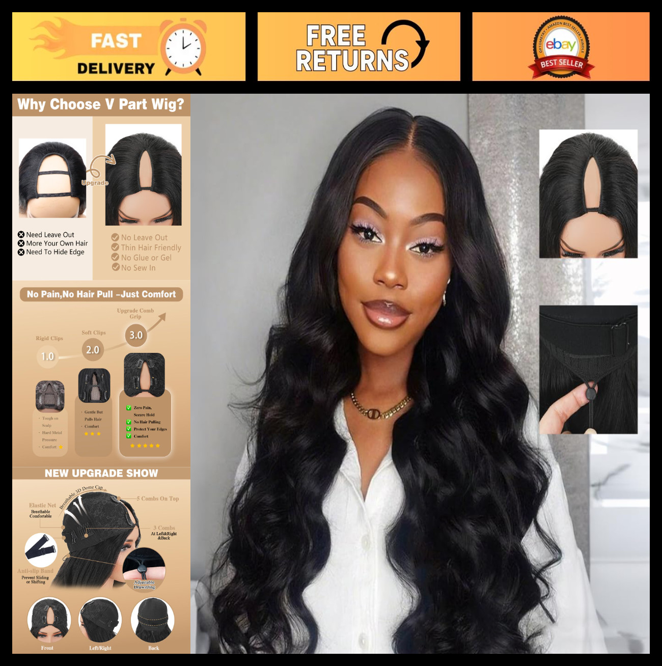 V Part Human Hair Wig Body Wave 250% Density Adjustable Glueless Clip-In 18