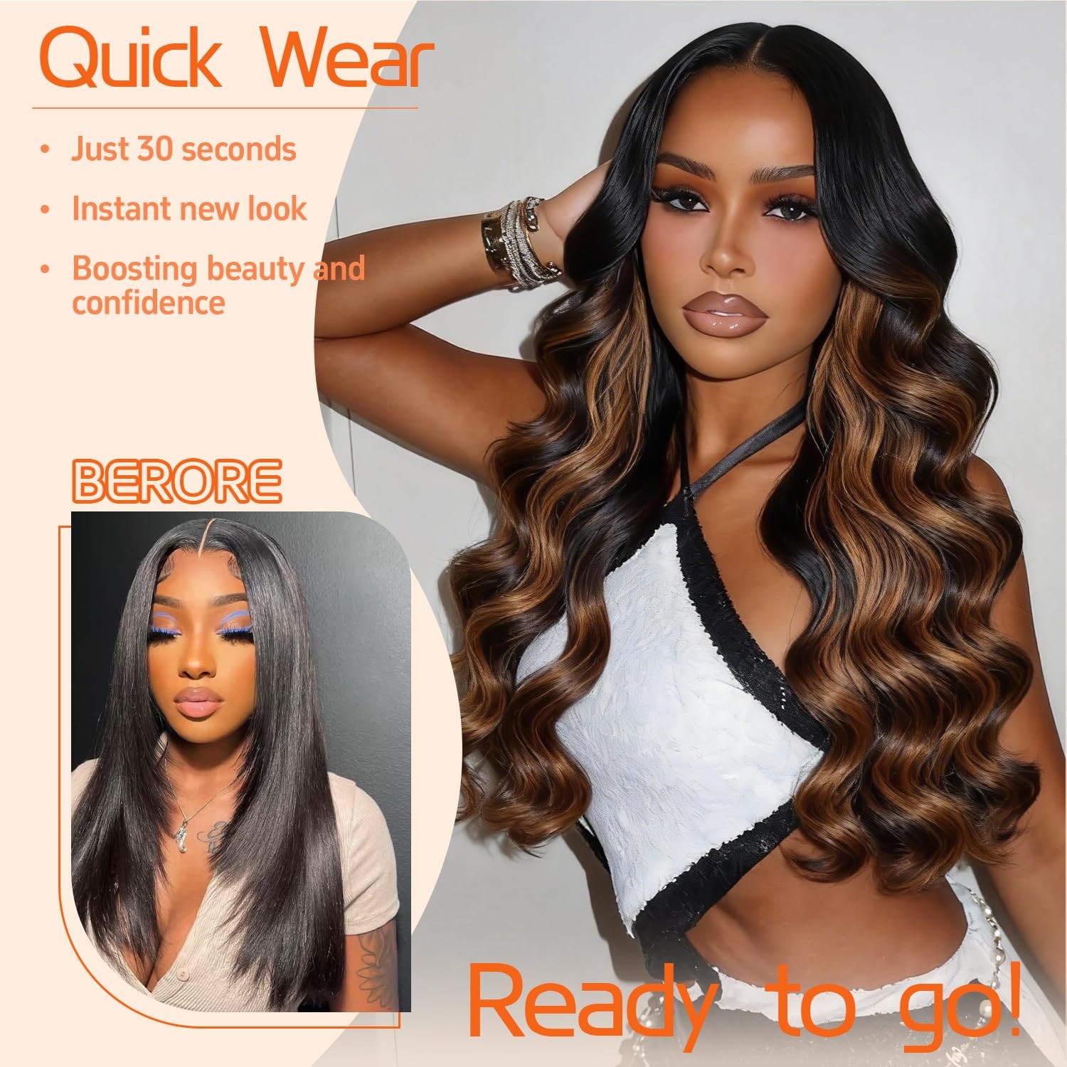Walsdi Ginger Highlights Black Roots Body Wave Wig 28 Inch Glueless 5X5 Hd Lace