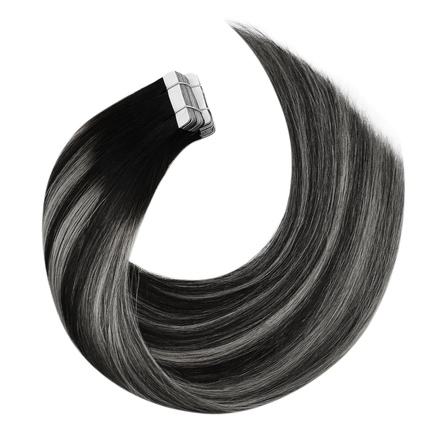 Real Hair Balayage Extensions – Black to Silver Tape in Hair