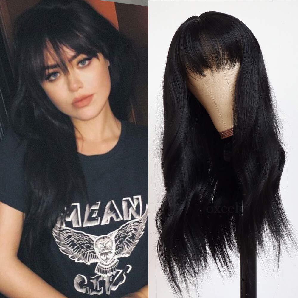 Cosplay Wig With Bangs Heat Resistant Hair Long Wavy Layered Women Black