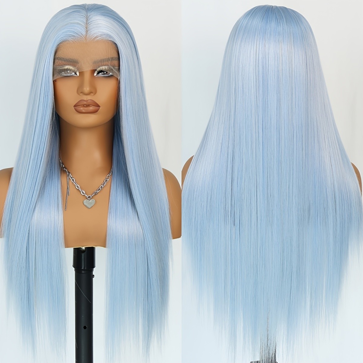 Light Blue Straight Synthetic Lace Front Wigs 26 Inch for Women Party Daily Use