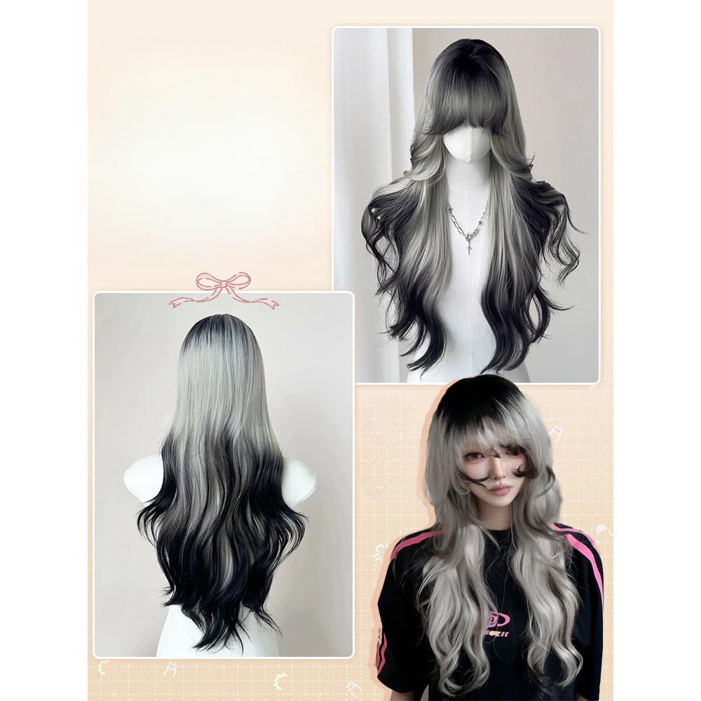 Black White Ombre Long Wavy Wig for Women Lolita Synthetic Curly Hair Wig wit…