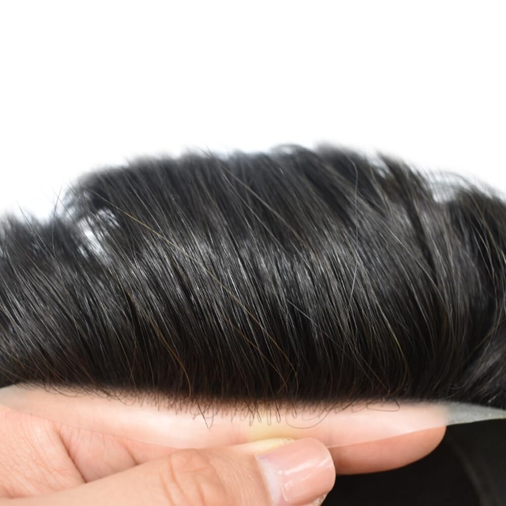 French Lace Front Mens Toupee Poly Skin Hairpieces Human Hair Replacement System