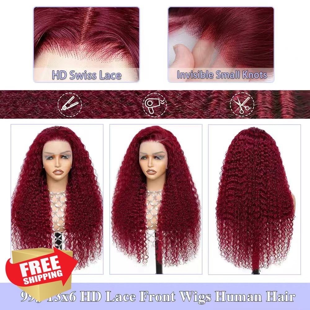 WAAHRR 18″ 99j Burgundy Deep Wave Lace Front Wig