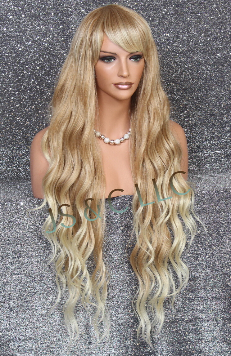 Human Hair Blend 40″ Long Full Wig Heat OK Wavy Blonde mix bangs JSSH 27-613