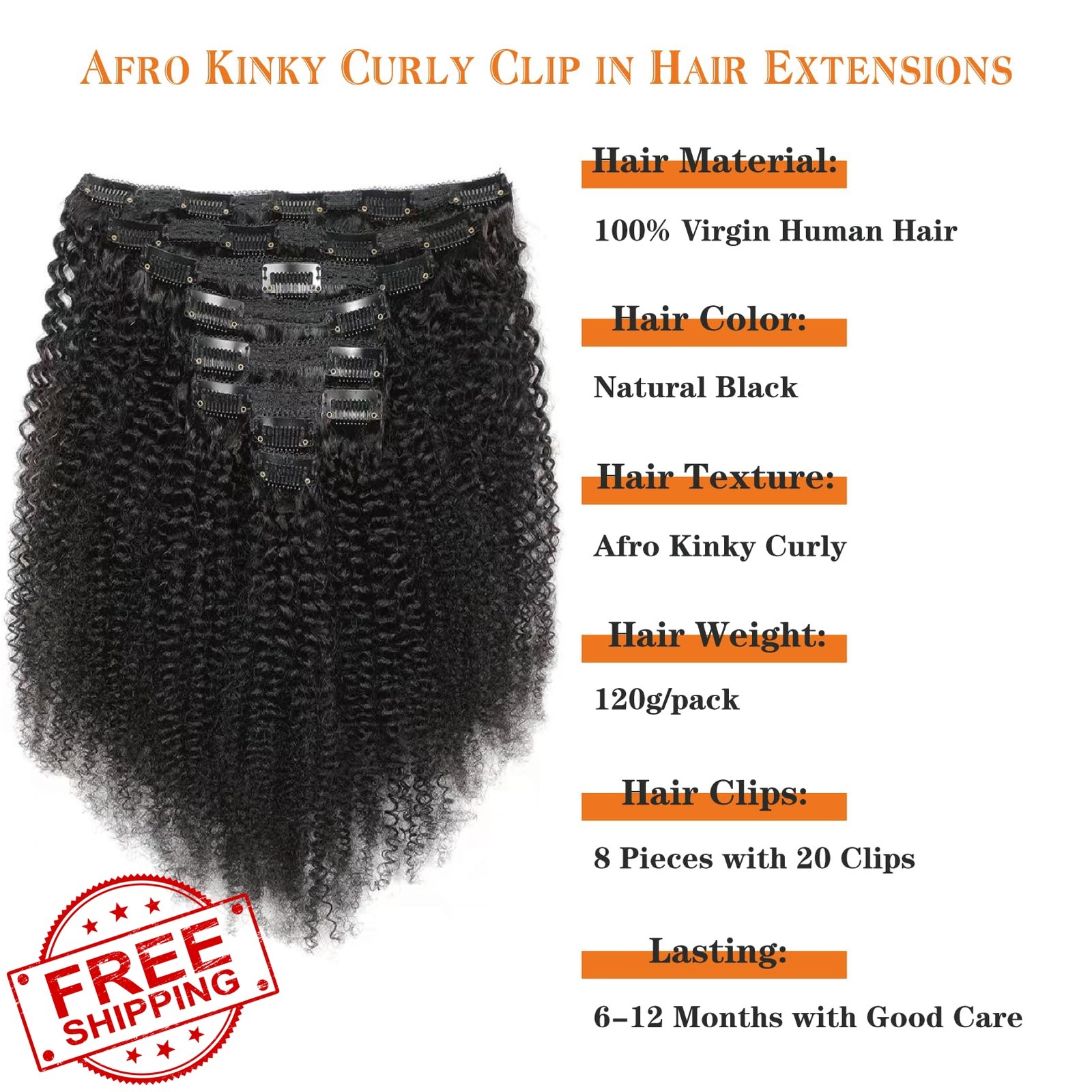 Yacurcur 4C Kinky Curly Clip in Hair Extensions 14 Inch Natural Black